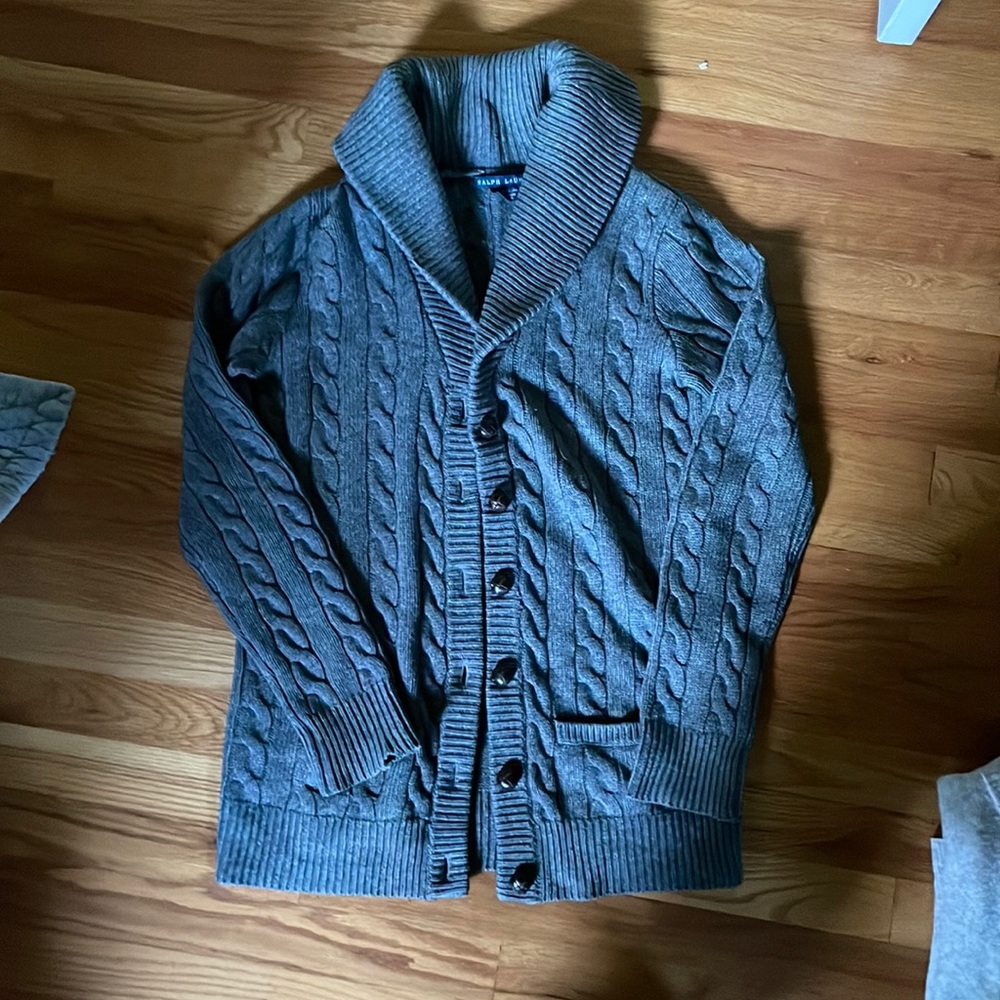 Polo Ralph Lauren grey Cashmere Wool Cable Shawl Cardigan women’s L
